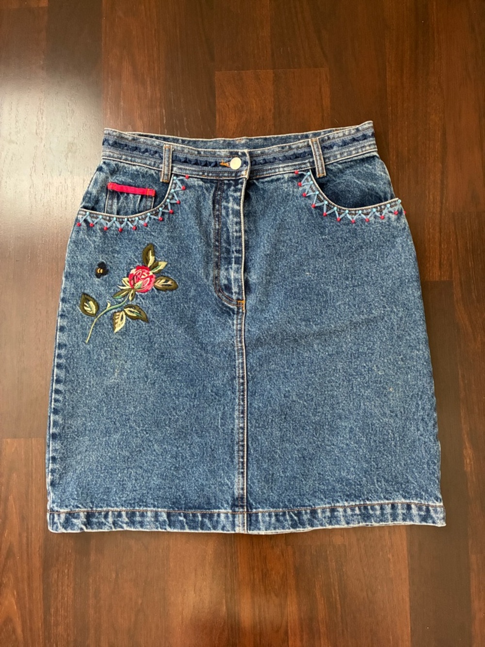 Together Blue Denim Pencil Skirt with Rose Embroidery